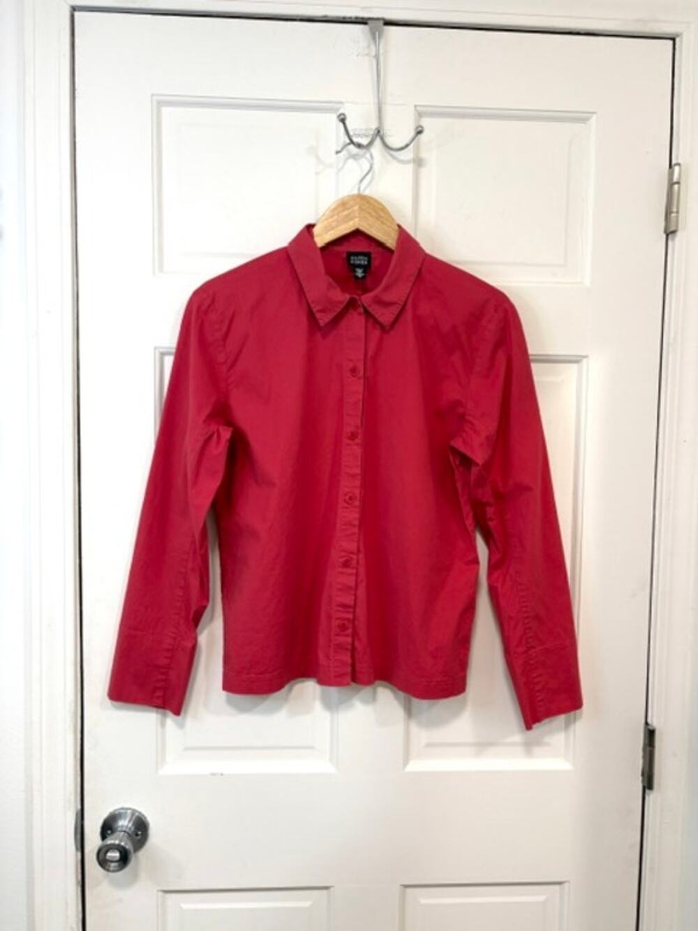 Eileen Fisher Red Cotton‎ Button Down Shirt Sz S Tailored Fit Long Sleeve Blouse